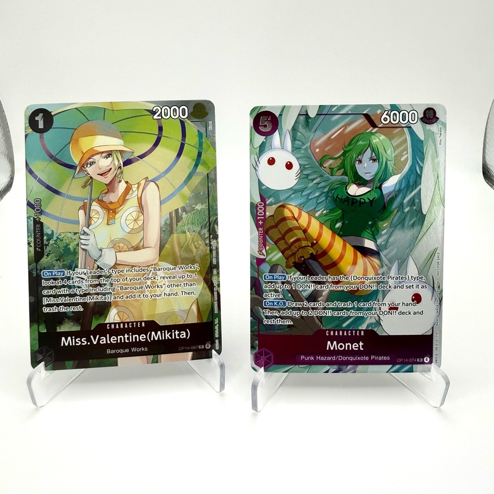 One Piece Bundle of 2 Miss Valentine OP14-087 and Monet OP14-074 Rare Cards